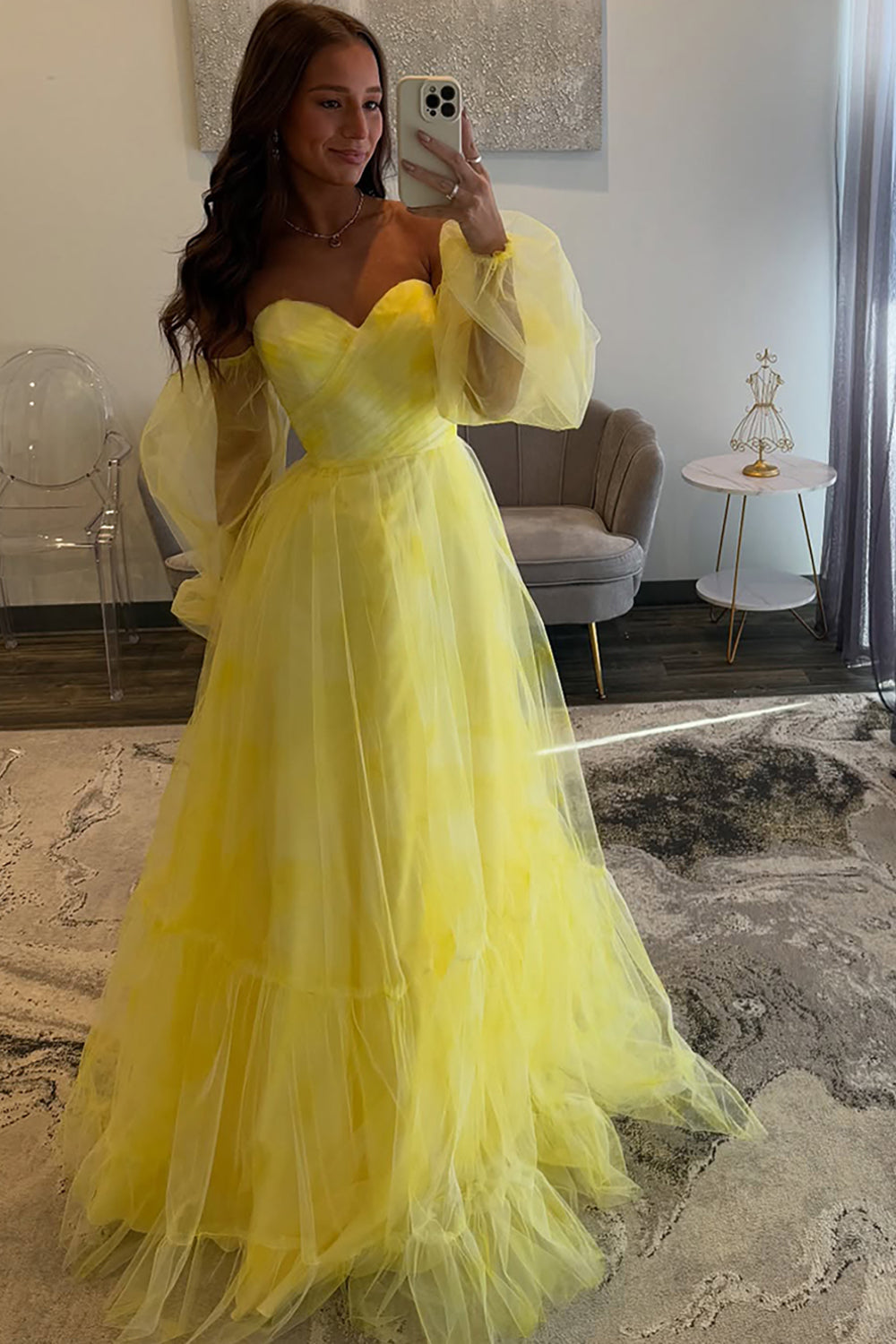 Dreamyannie Yellow Prom Dress A Line Off The Shoulder Long Tulle Formal Dress With Long Sleeves