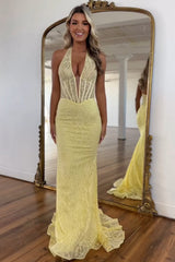 Dreamyannie Yellow Prom Dress Lace Mermaid Halter Corset Long Evening Dress