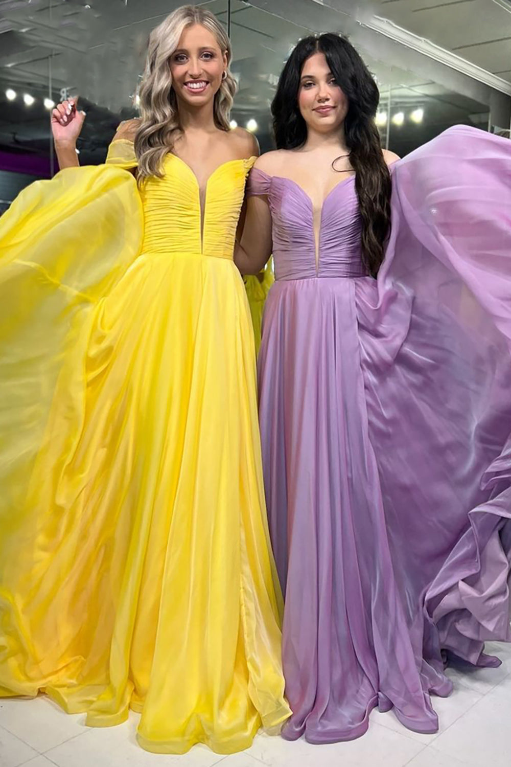 Dreamyannie Yellow Prom Dress Off The Shoulder A-Line Chiffon Long Evening Dress