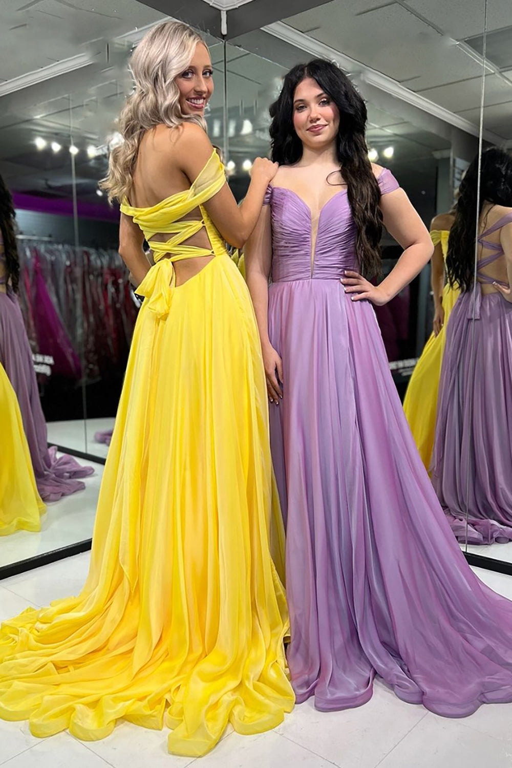 Dreamyannie Yellow Prom Dress Off The Shoulder A-Line Chiffon Long Evening Dress