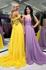 Dreamyannie Yellow Prom Dress Off The Shoulder A-Line Chiffon Long Evening Dress