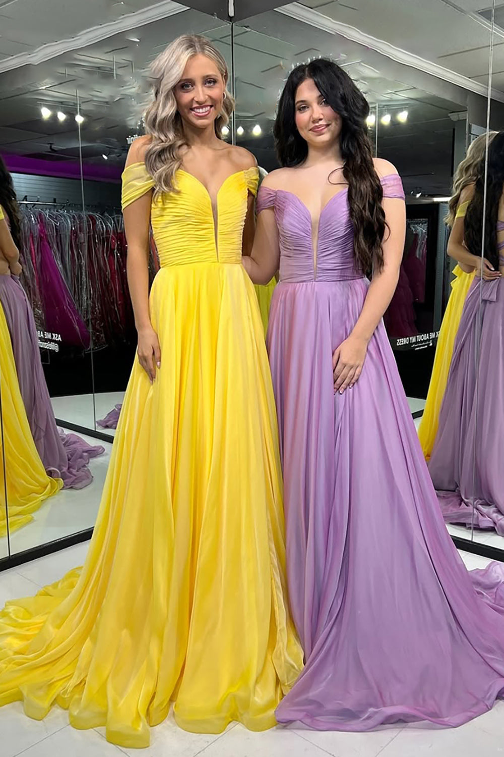 Dreamyannie Yellow Prom Dress Off The Shoulder A-Line Chiffon Long Evening Dress
