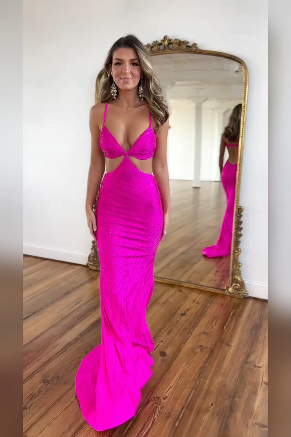 Dreamyannie Yellow Prom Dress Spaghetti Straps Mermaid Hollow Out Satin Formal Dress