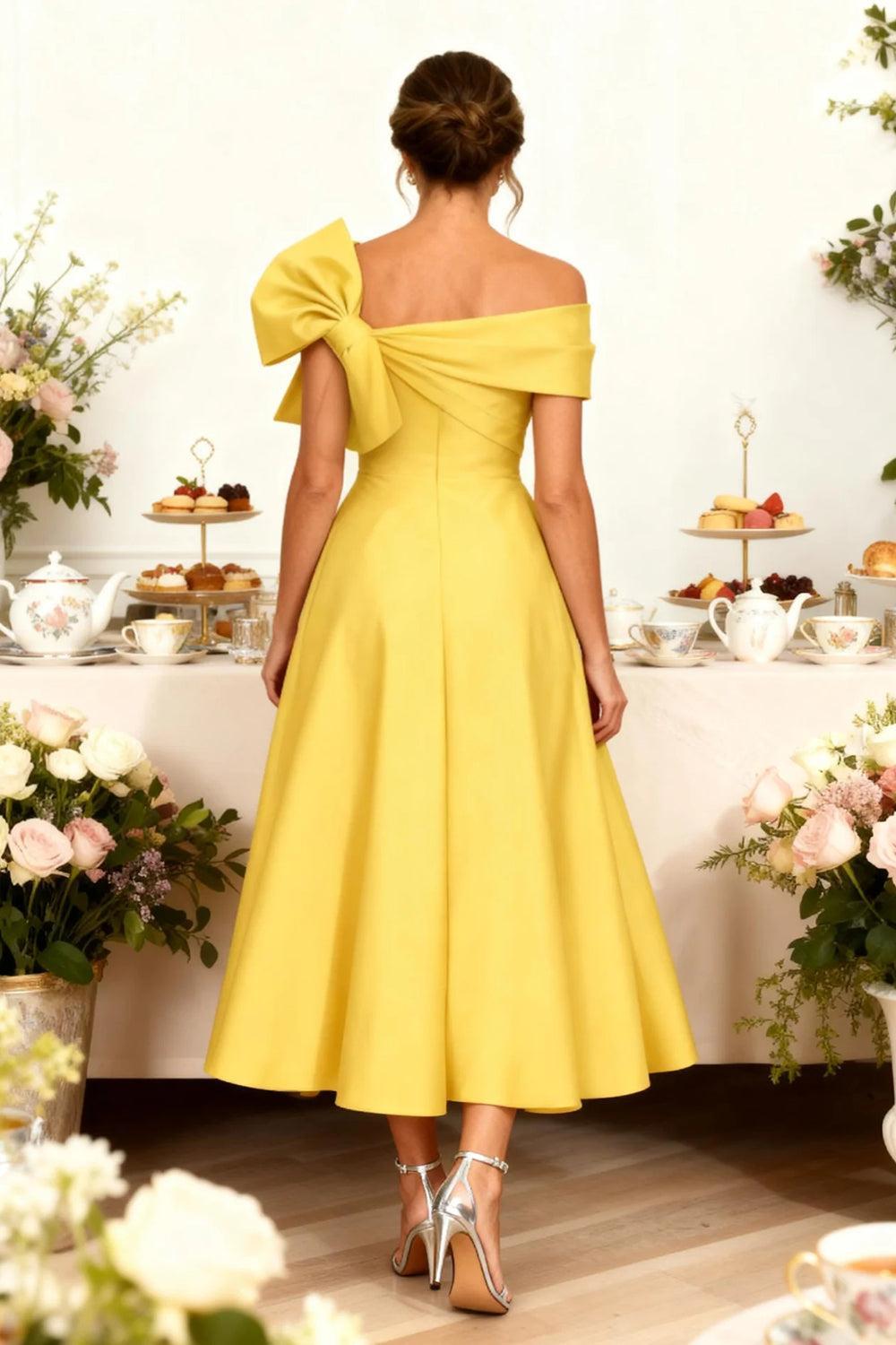 Dreamyannie Yellow Satin A Line Ankle Length Mother Of The Bride Dress With Bow