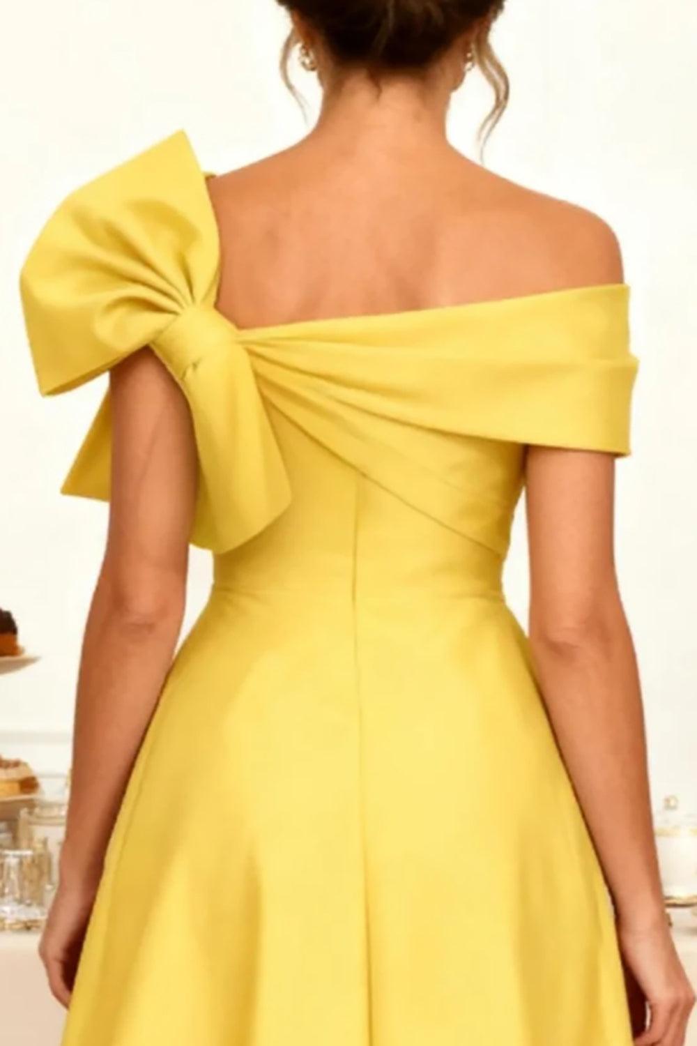 Dreamyannie Yellow Satin A Line Ankle Length Mother Of The Bride Dress With Bow