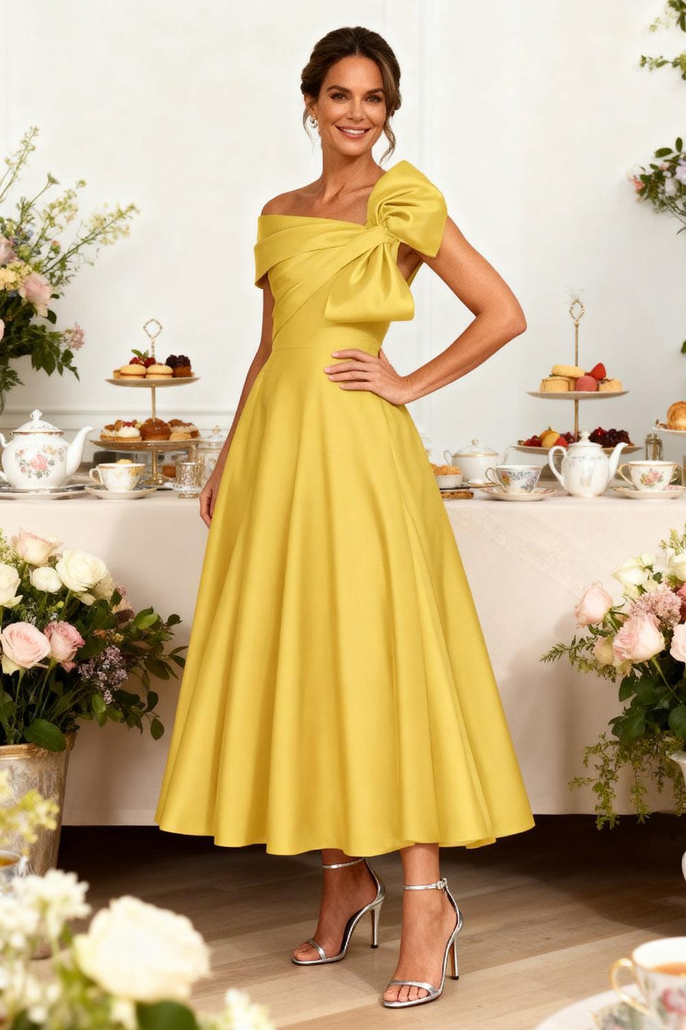 Dreamyannie Yellow Satin A Line Ankle Length Mother Of The Bride Dress With Bow