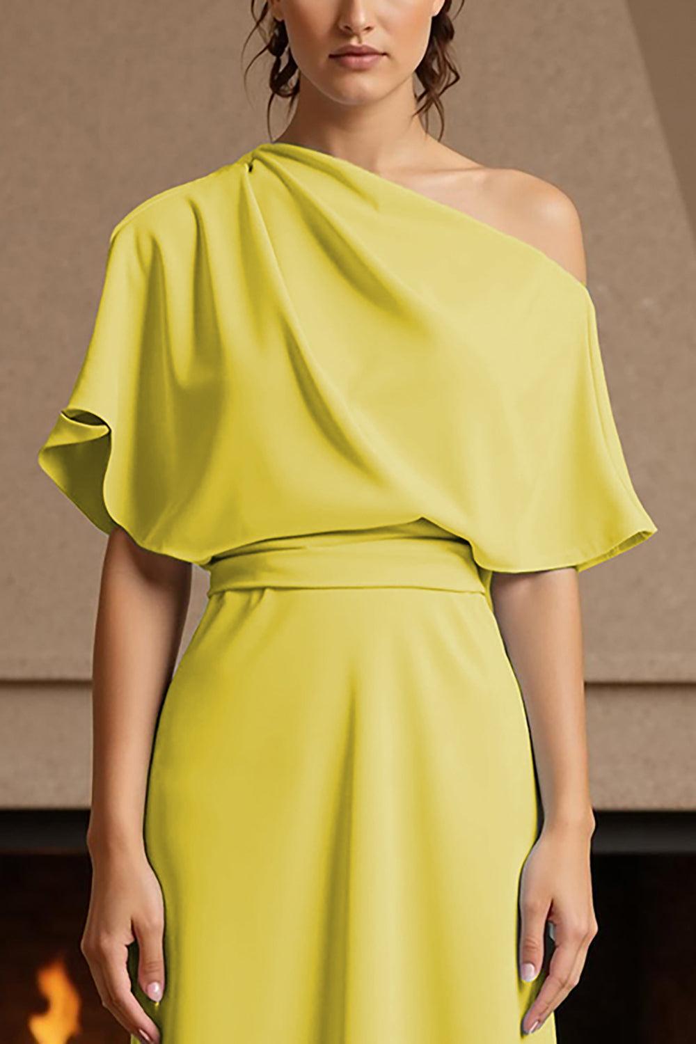 Dreamyannie Yellow Satin Sheath One Shoulder Floor Length Mother Of The Bride Dress