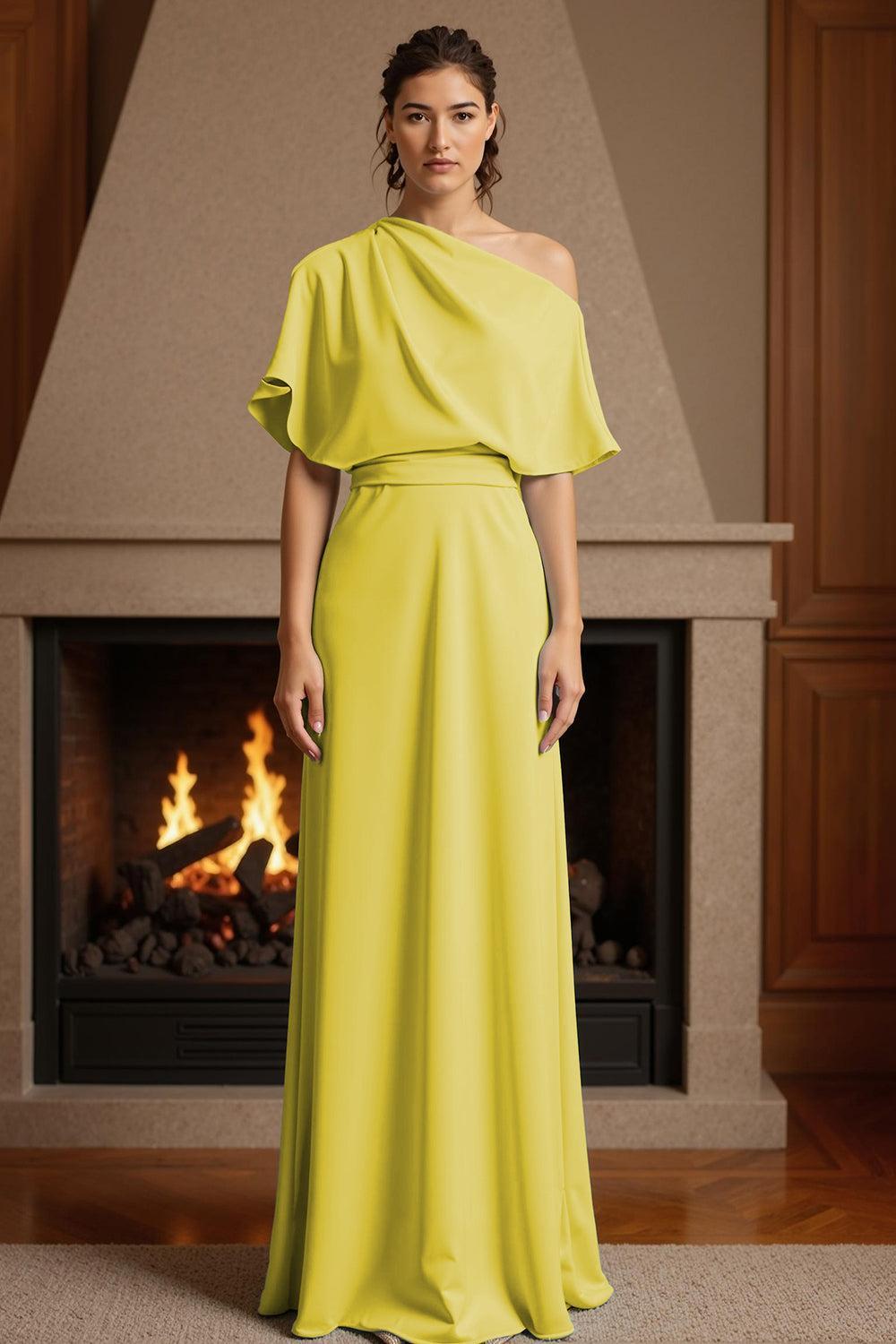 Dreamyannie Yellow Satin Sheath One Shoulder Floor Length Mother Of The Bride Dress