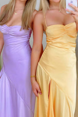 Dreamyannie Yellow Satin Spaghetti Straps Long Ruched Prom Dress With Slit Formal Evening Gown