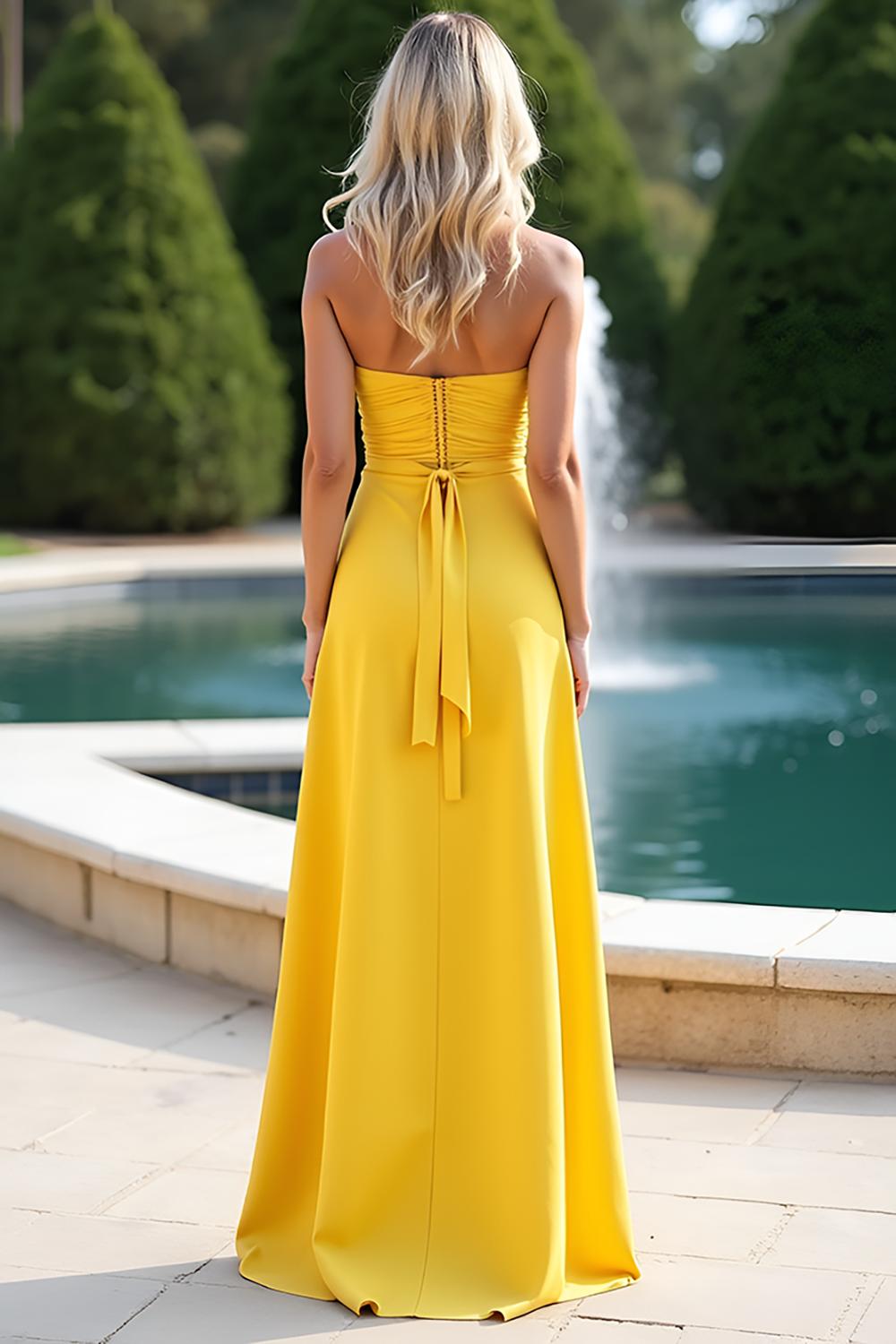 Dreamyannie Yellow Sheath Long Sweetheart Formal Dress With Slit