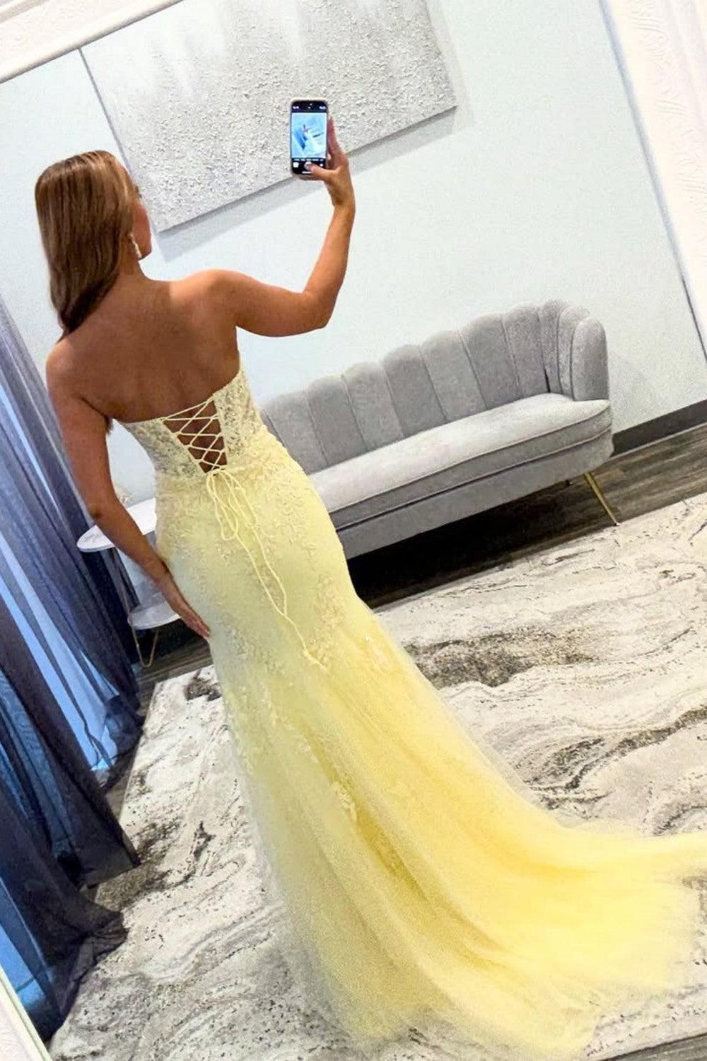 Dreamyannie Yellow Sweetheart Lace Up Cutout Prom Dress With Lace Details Formal Evening Gown