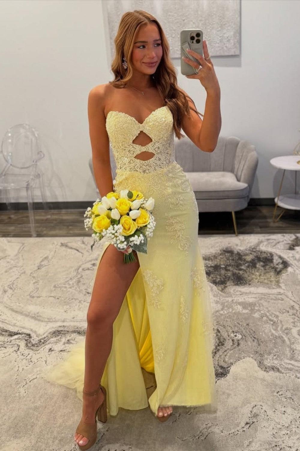 Dreamyannie Yellow Sweetheart Lace Up Cutout Prom Dress With Lace Details Formal Evening Gown