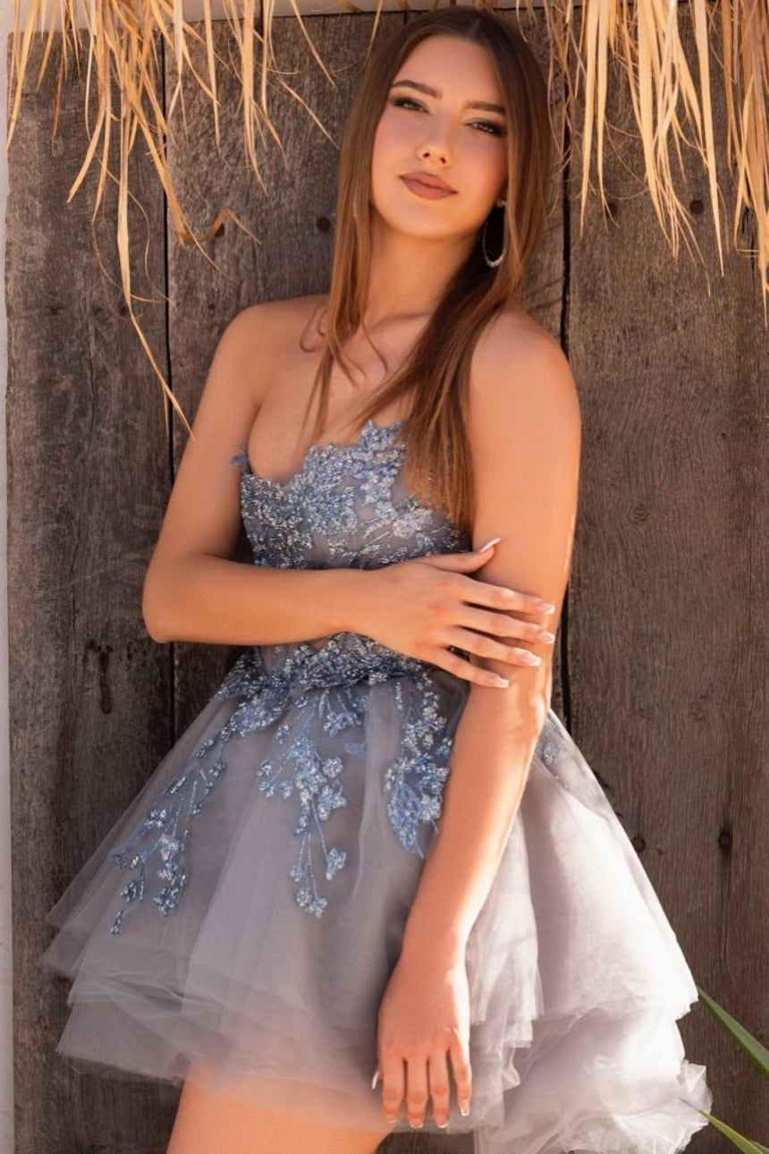 Dusty Blue Prom Dress A Line Strapless Sleeveless Sequined Tulle Short Formal Dress With Appliques