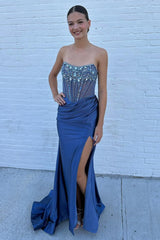 Dusty Blue Prom Dress Strapless Corset Long Formal Dress With Slit