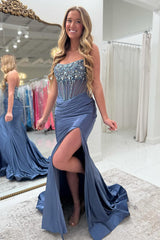 Dusty Blue Prom Dress Strapless Corset Long Formal Dress With Slit