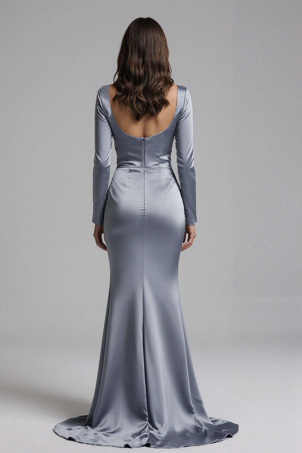 Dusty Blue Satin Mermaid Backless Long Sleeves Prom Dress With Slit
