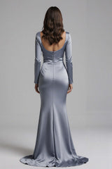 Dusty Blue Satin Mermaid Backless Long Sleeves Prom Dress With Slit