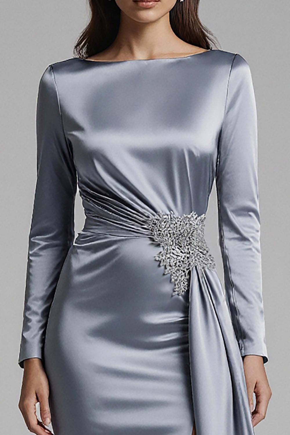 Dusty Blue Satin Mermaid Backless Long Sleeves Prom Dress With Slit