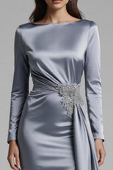 Dusty Blue Satin Mermaid Backless Long Sleeves Prom Dress With Slit