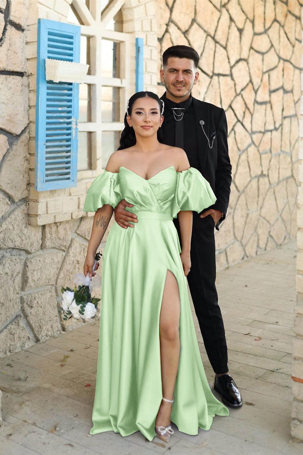 Dusty Blue Sweetheart Off The Shoulder Puff Sleeves Evening Dress with Front Split