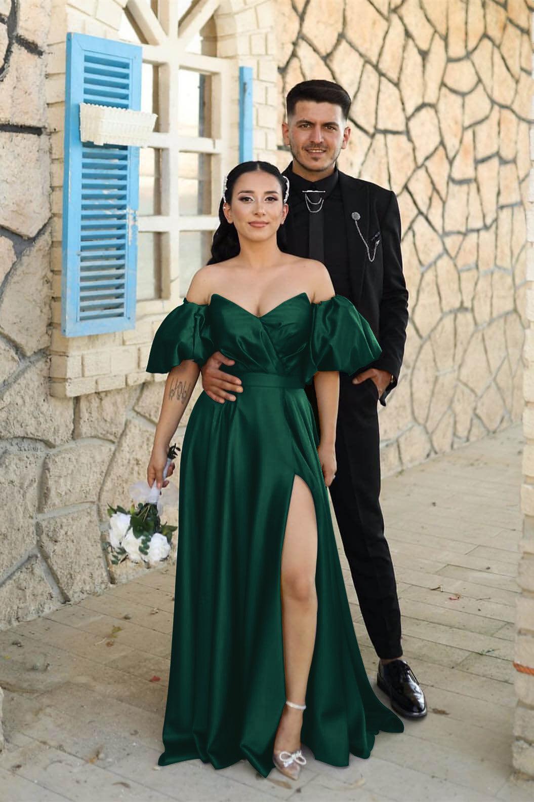 Dusty Blue Sweetheart Off The Shoulder Puff Sleeves Evening Dress with Front Split