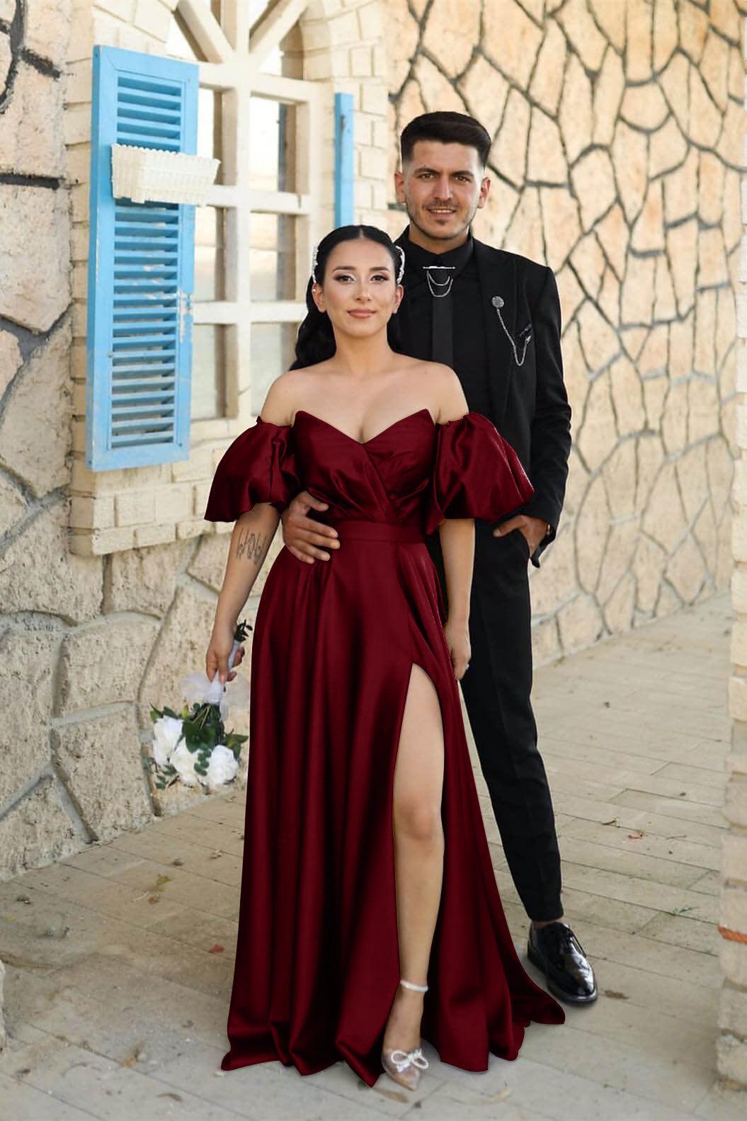 Dusty Blue Sweetheart Off The Shoulder Puff Sleeves Evening Dress with Front Split
