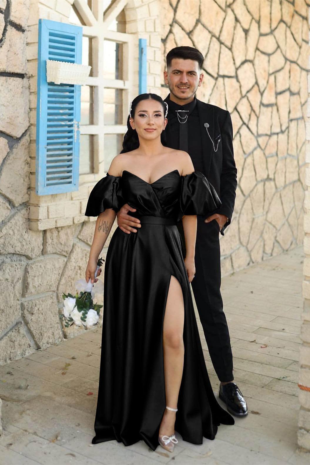 Dusty Blue Sweetheart Off The Shoulder Puff Sleeves Evening Dress with Front Split