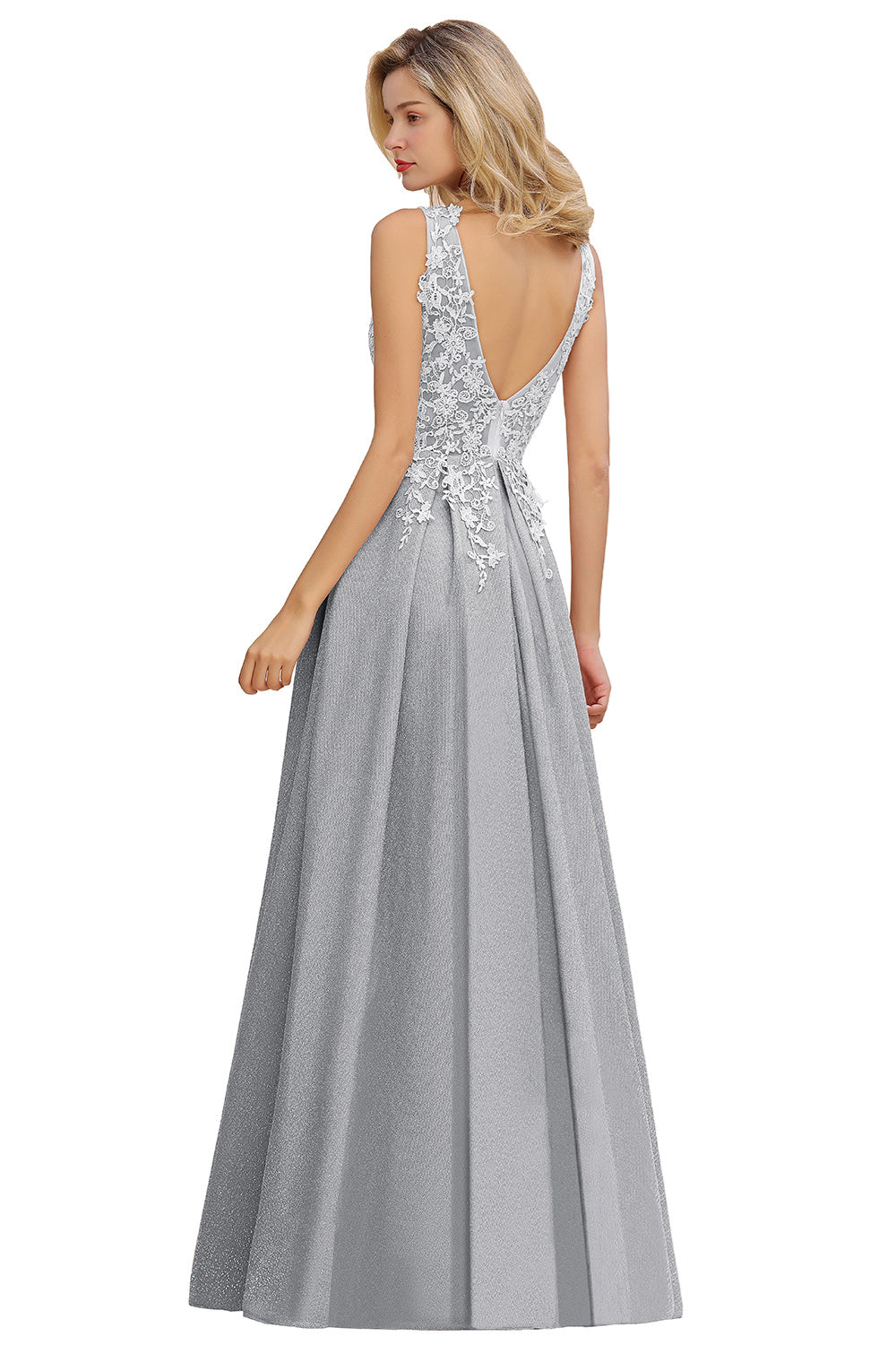 Dusty Rose Lurex Prom Dress V Neck Appliques A Line Formal Dress