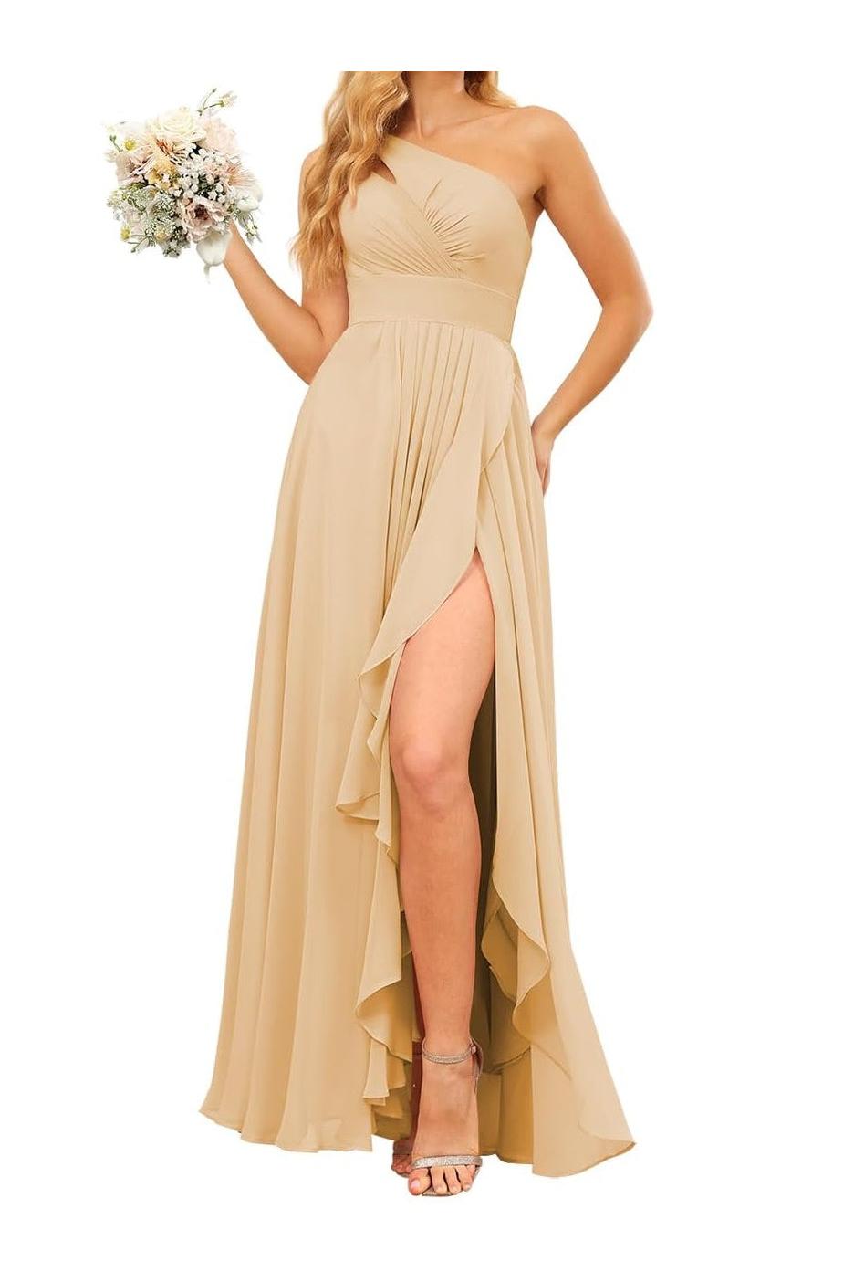 Dusty Rose One Shoulder Bridesmaid Dress Chiffon Wedding Guest Dress