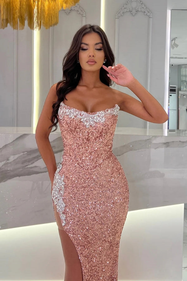 Dusty Rose Strapless Sequined Lace Formal Dress With Slit