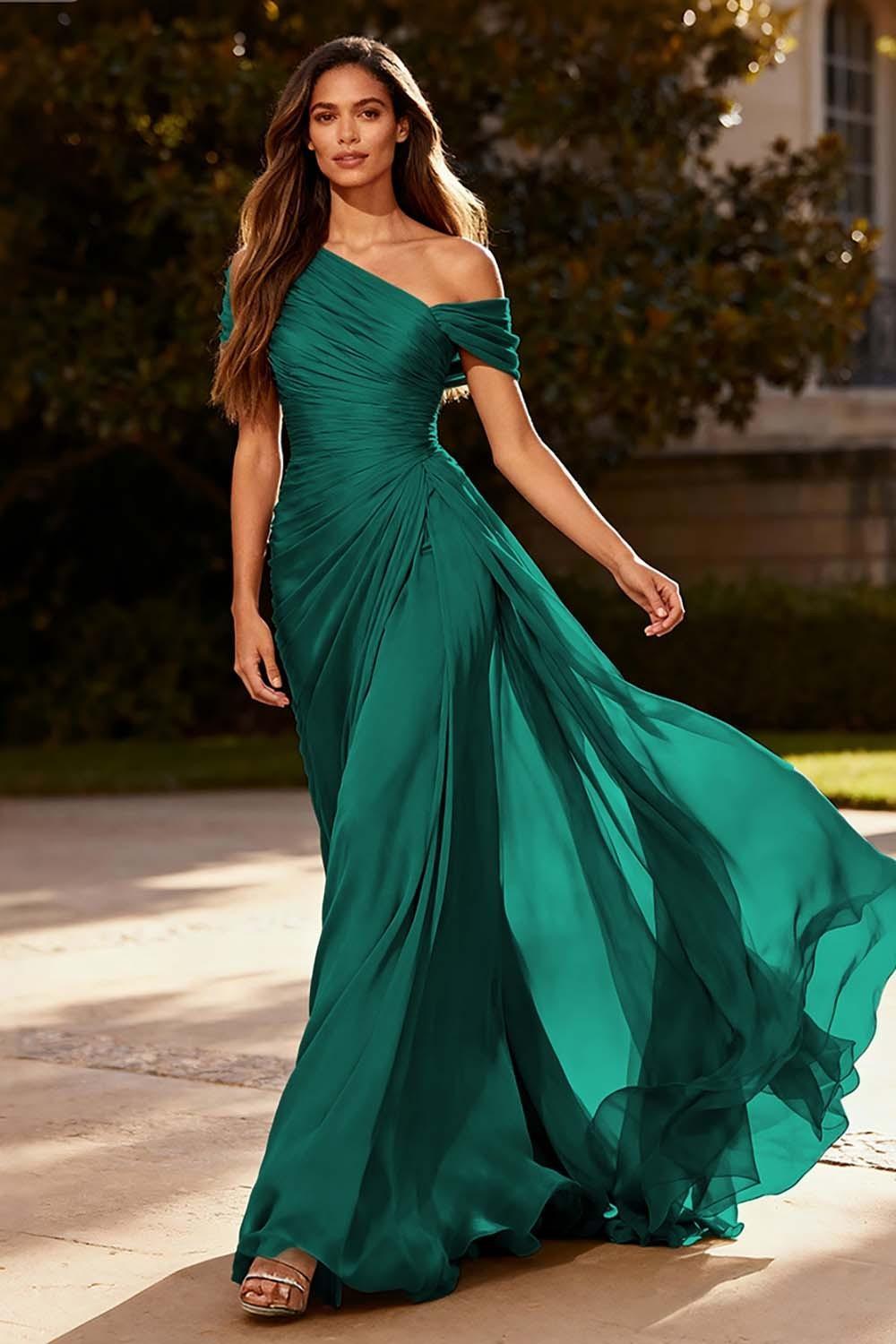 Dusty Sage One Shoulder Chiffon Ruched Long Prom Dress With Side Cape