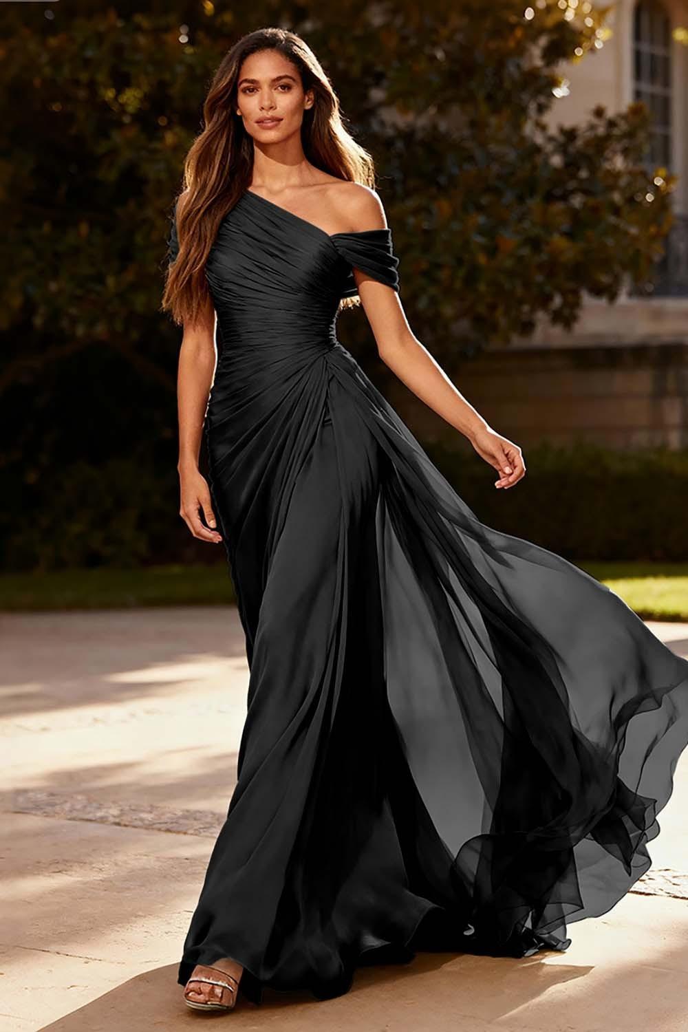 Dusty Sage One Shoulder Chiffon Ruched Long Prom Dress With Side Cape
