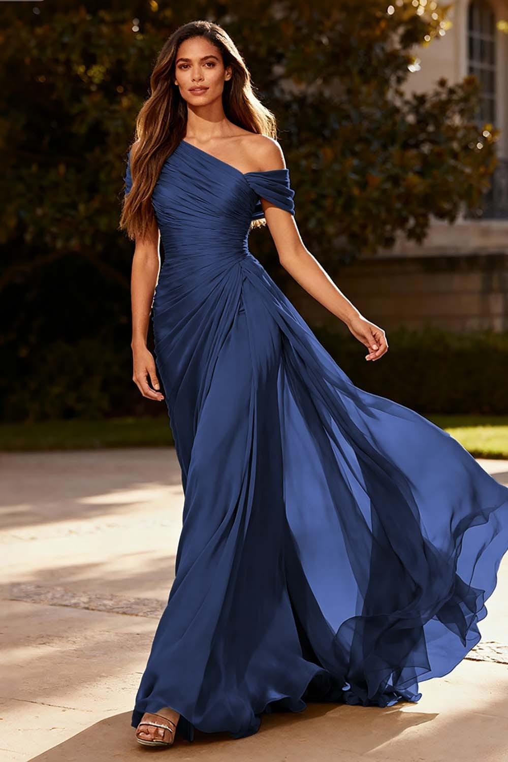 Dusty Sage One Shoulder Chiffon Ruched Long Prom Dress With Side Cape