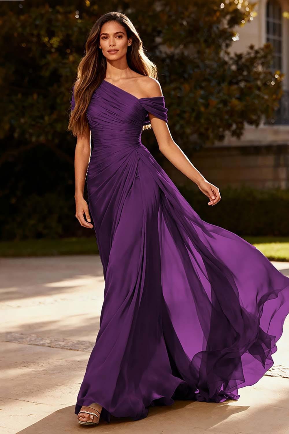 Dusty Sage One Shoulder Chiffon Ruched Long Prom Dress With Side Cape