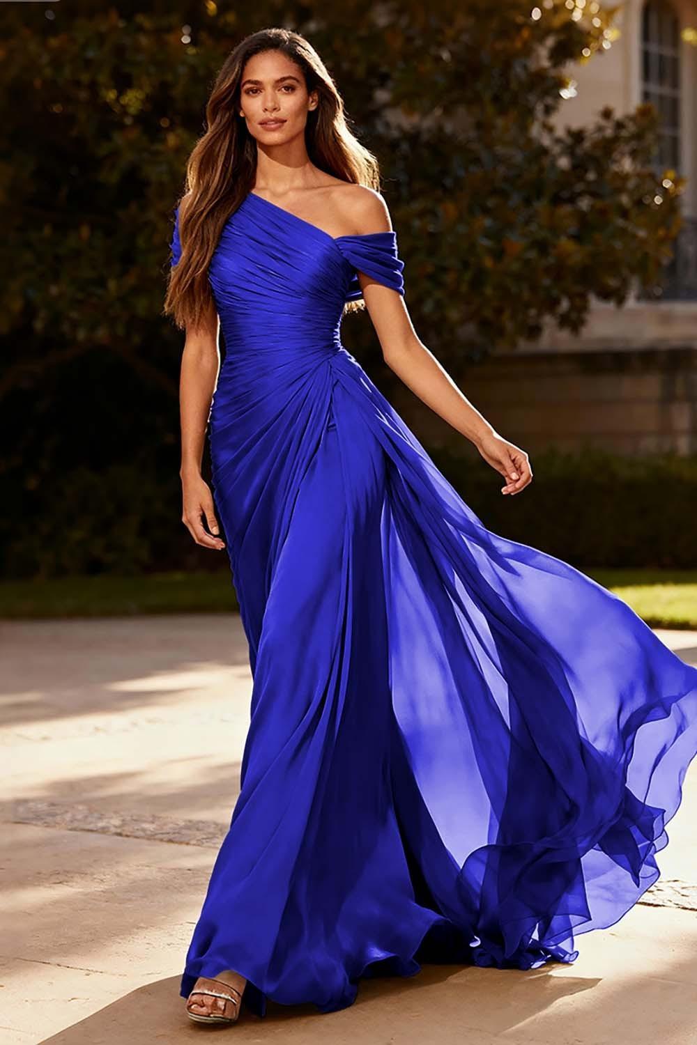 Dusty Sage One Shoulder Chiffon Ruched Long Prom Dress With Side Cape