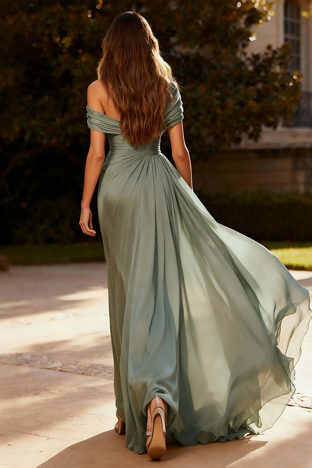 Dusty Sage One Shoulder Chiffon Ruched Long Prom Dress With Side Cape