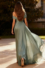 Dusty Sage One Shoulder Chiffon Ruched Long Prom Dress With Side Cape