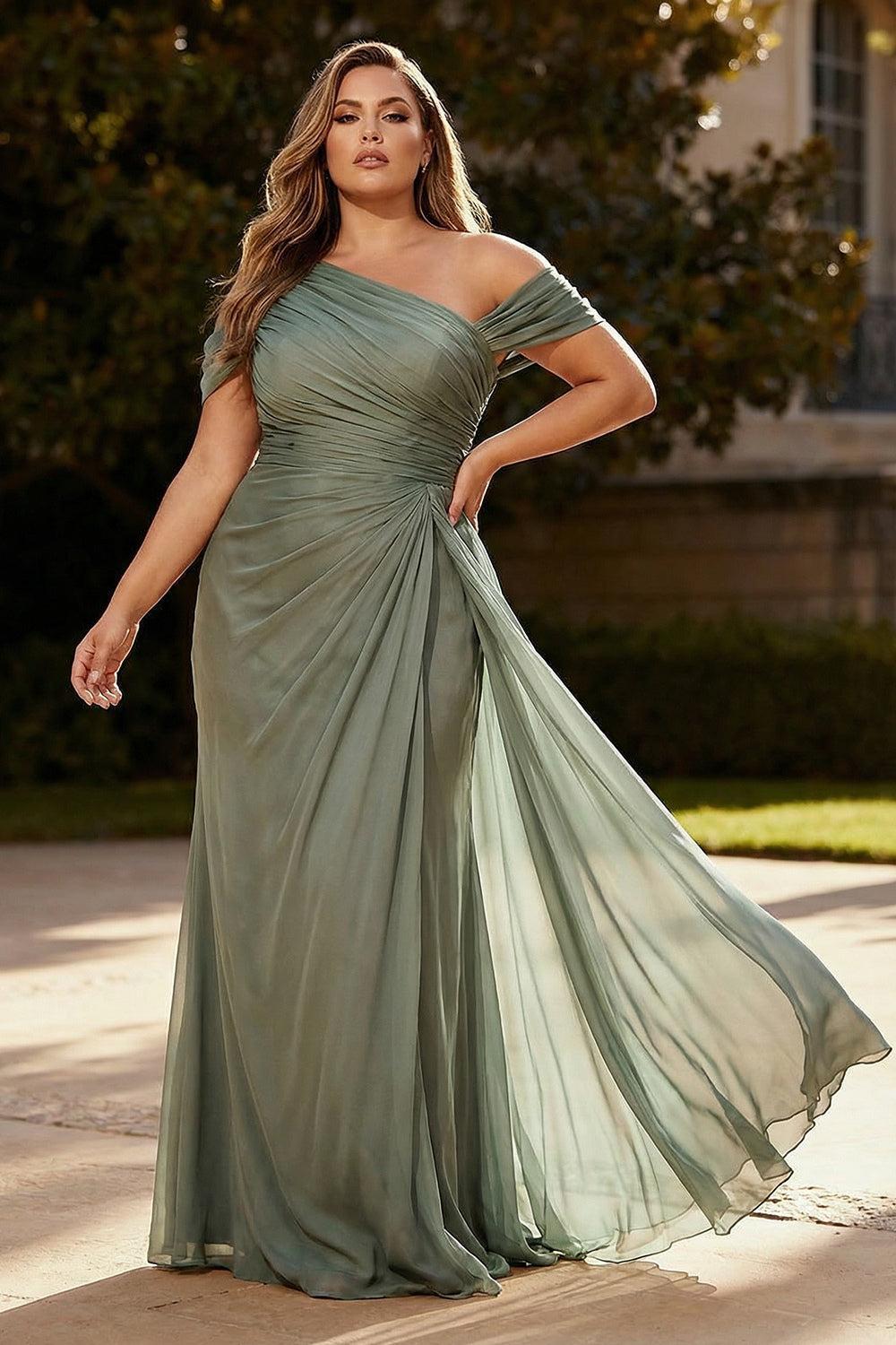 Dusty Sage One Shoulder Chiffon Ruched Long Prom Dress With Side Cape
