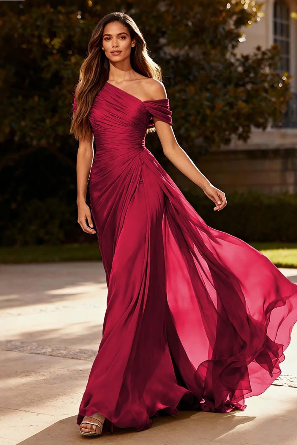 Dusty Sage One Shoulder Chiffon Ruched Long Prom Dress With Side Cape