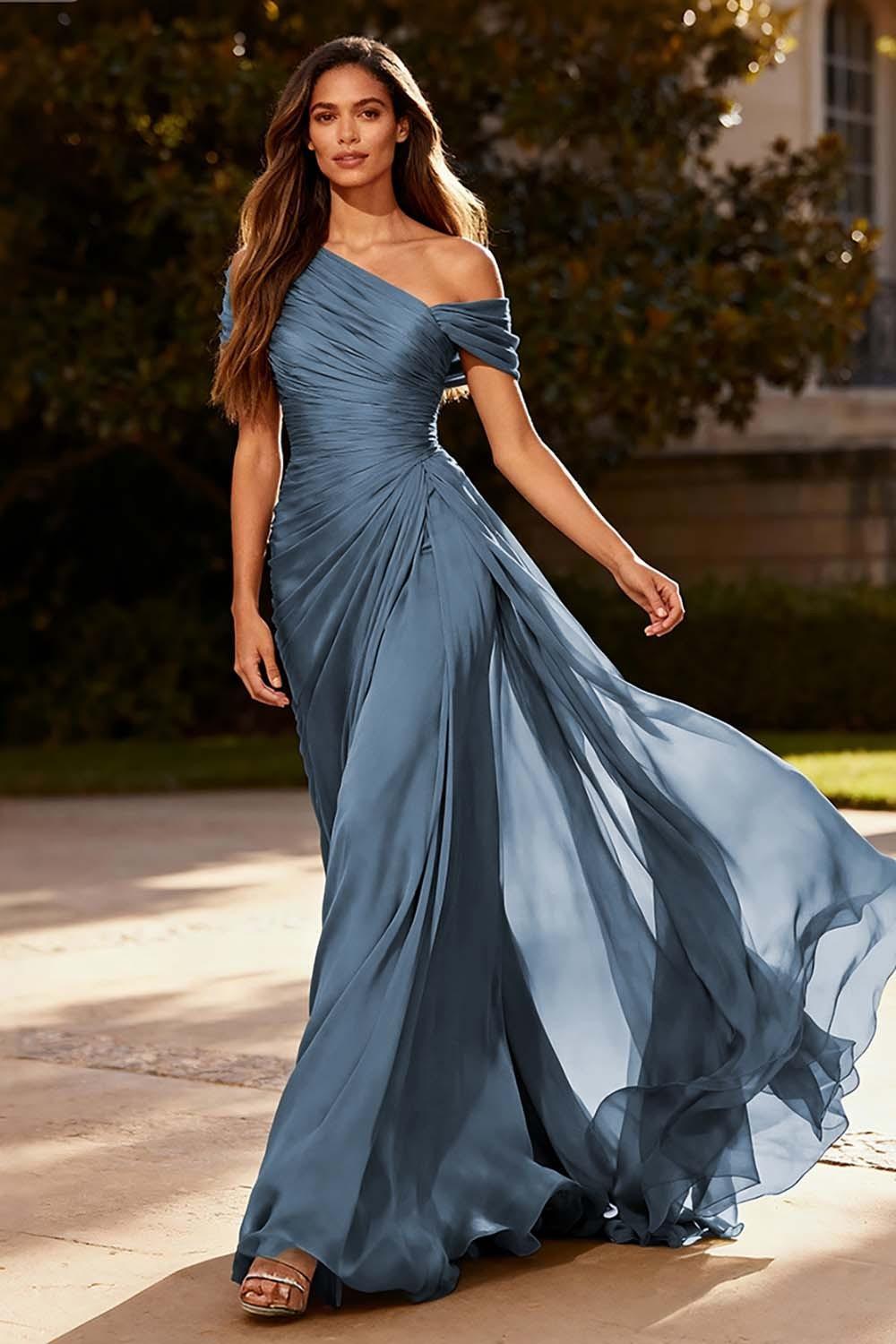 Dusty Sage One Shoulder Chiffon Ruched Long Prom Dress With Side Cape