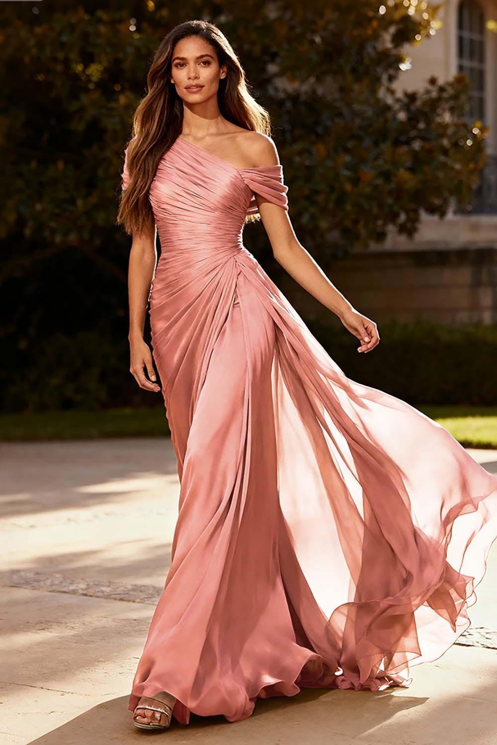 Dusty Sage One Shoulder Chiffon Ruched Long Prom Dress With Side Cape