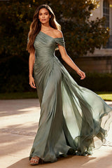 Dusty Sage One Shoulder Chiffon Ruched Long Prom Dress With Side Cape
