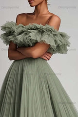 Dusty Sage Wedding Guest Dress Tulle A Line Long Evening Dress With Ruffles