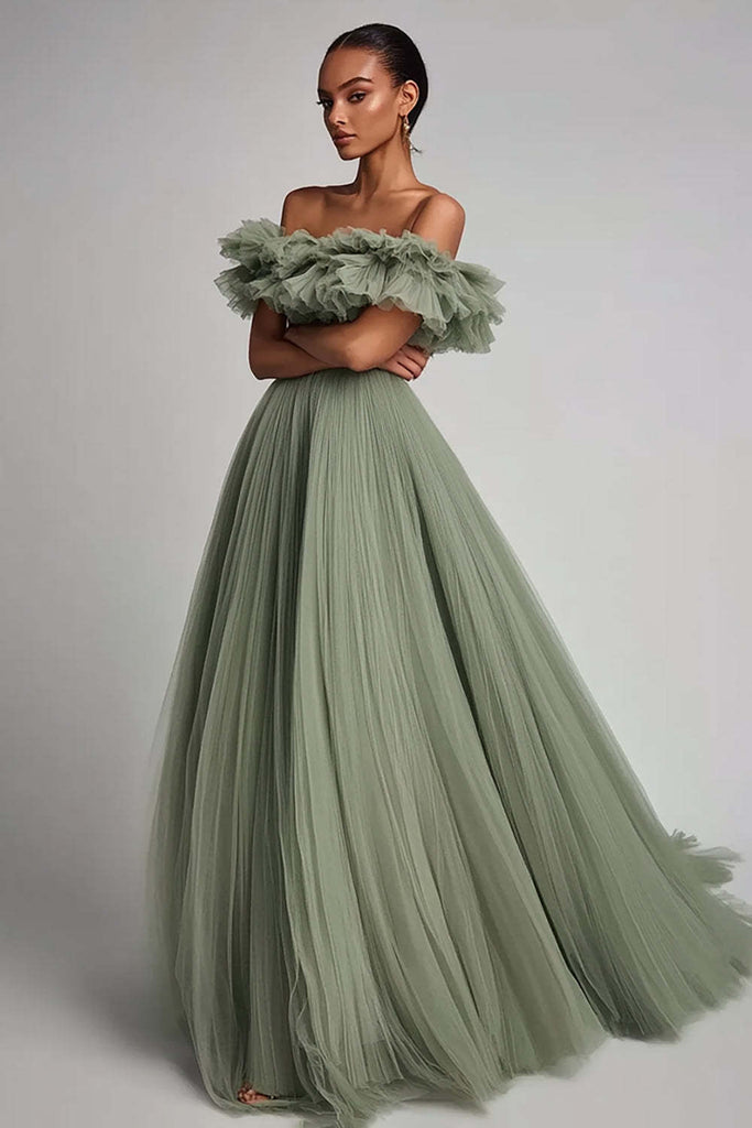 Dreamyannie UK Dusty Sage Wedding Guest Dress Tulle A Line Long Evening  Dress With Ruffles