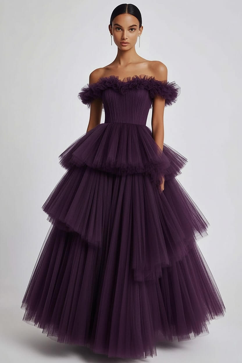 Dusty Sage Wedding Guest Dress Tulle Off The Shoulder Ball Gown Evening Dress With Ruffles