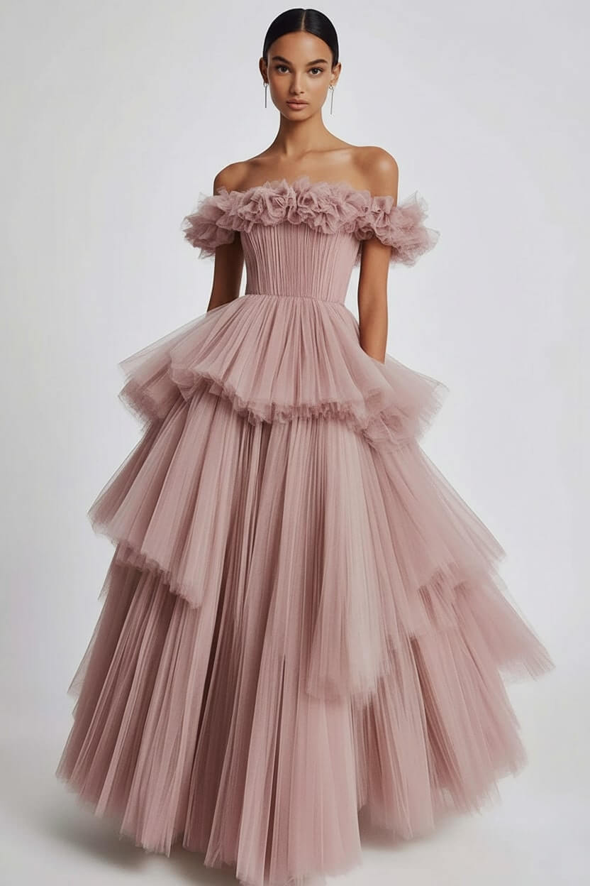 Dusty Sage Wedding Guest Dress Tulle Off The Shoulder Ball Gown Evening Dress With Ruffles