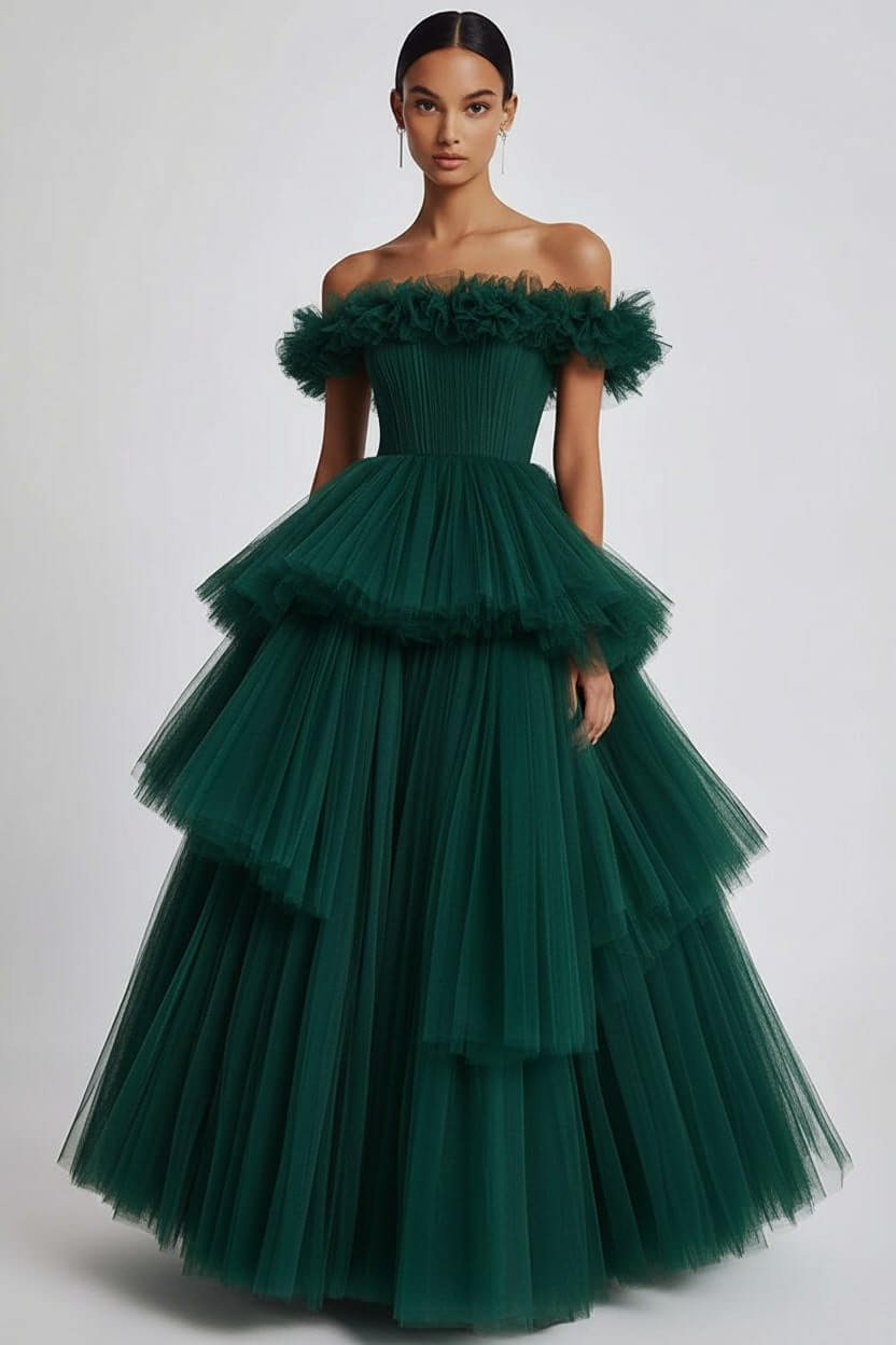 Dusty Sage Wedding Guest Dress Tulle Off The Shoulder Ball Gown Evening Dress With Ruffles