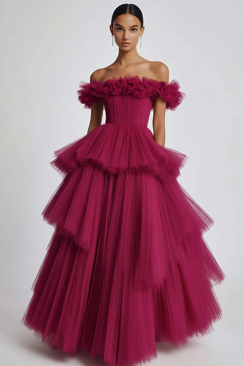 Dusty Sage Wedding Guest Dress Tulle Off The Shoulder Ball Gown Evening Dress With Ruffles