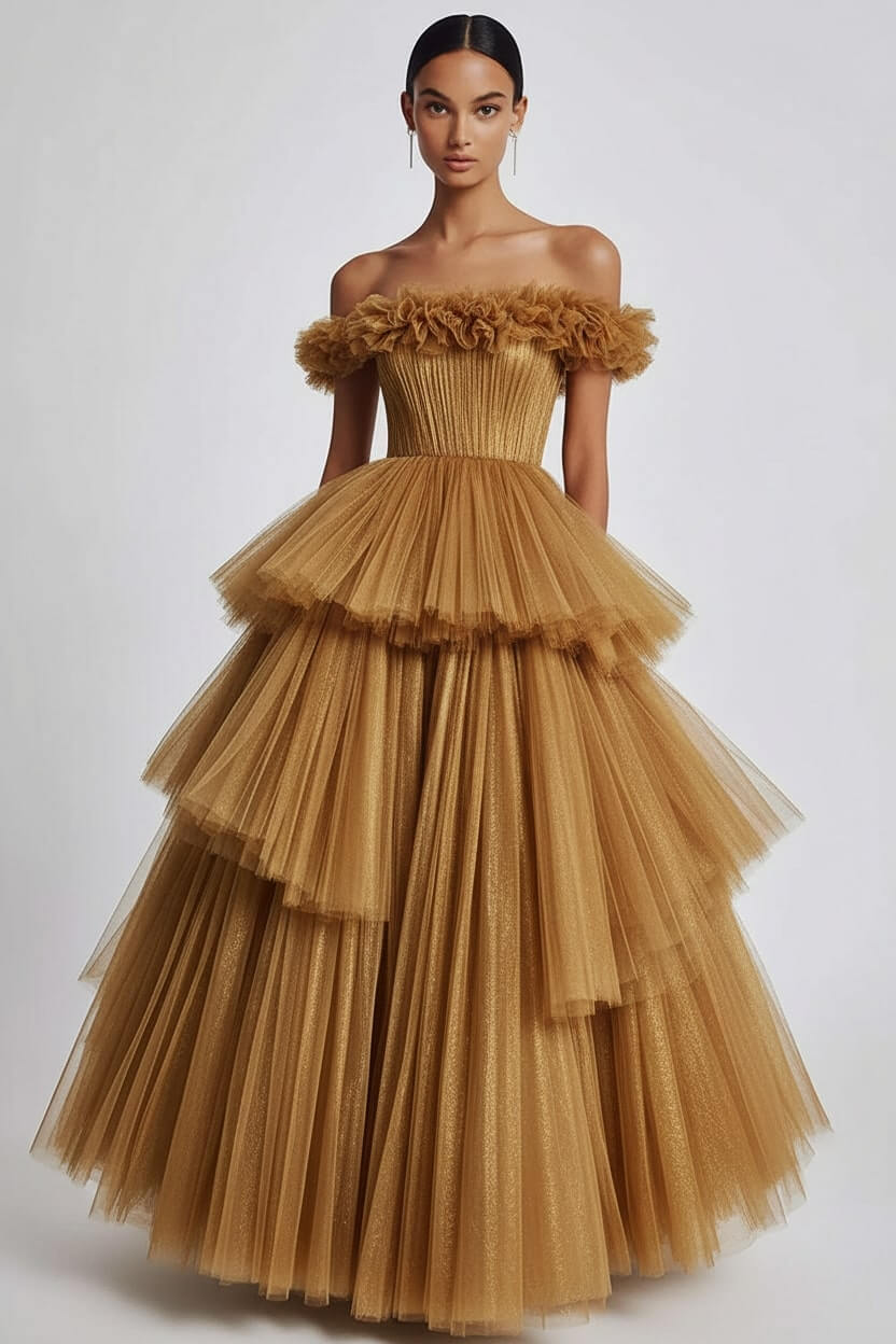 Dusty Sage Wedding Guest Dress Tulle Off The Shoulder Ball Gown Evening Dress With Ruffles