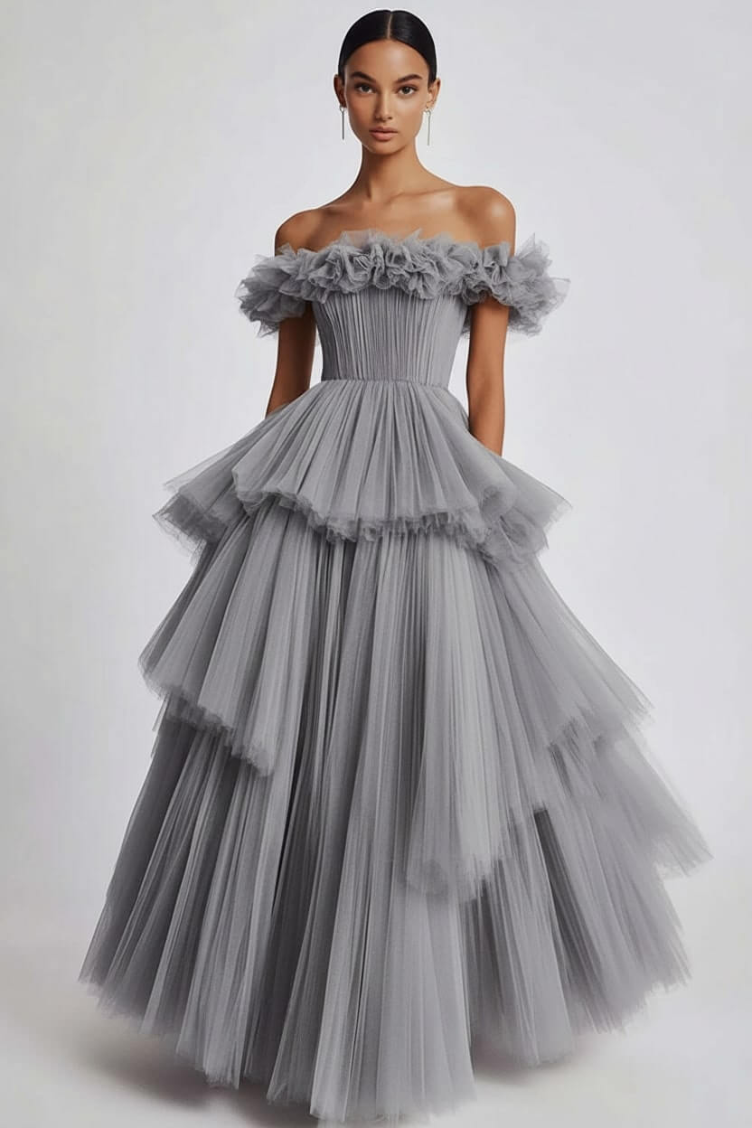 Dusty Sage Wedding Guest Dress Tulle Off The Shoulder Ball Gown Evening Dress With Ruffles